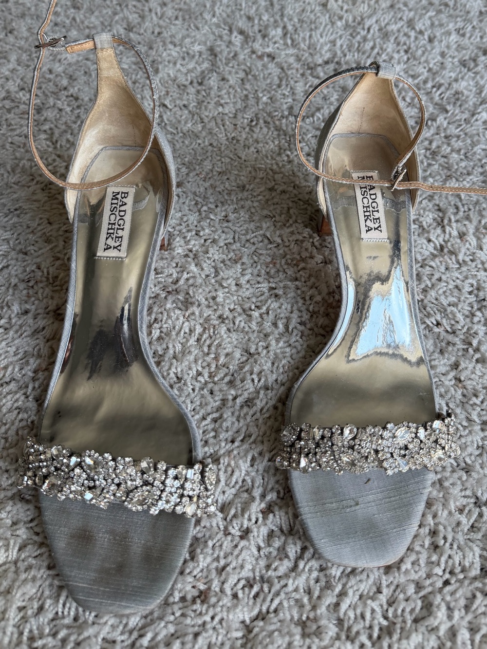 Badgley Mischka Silver Crystal-Embellished Ankle-Strap Heels